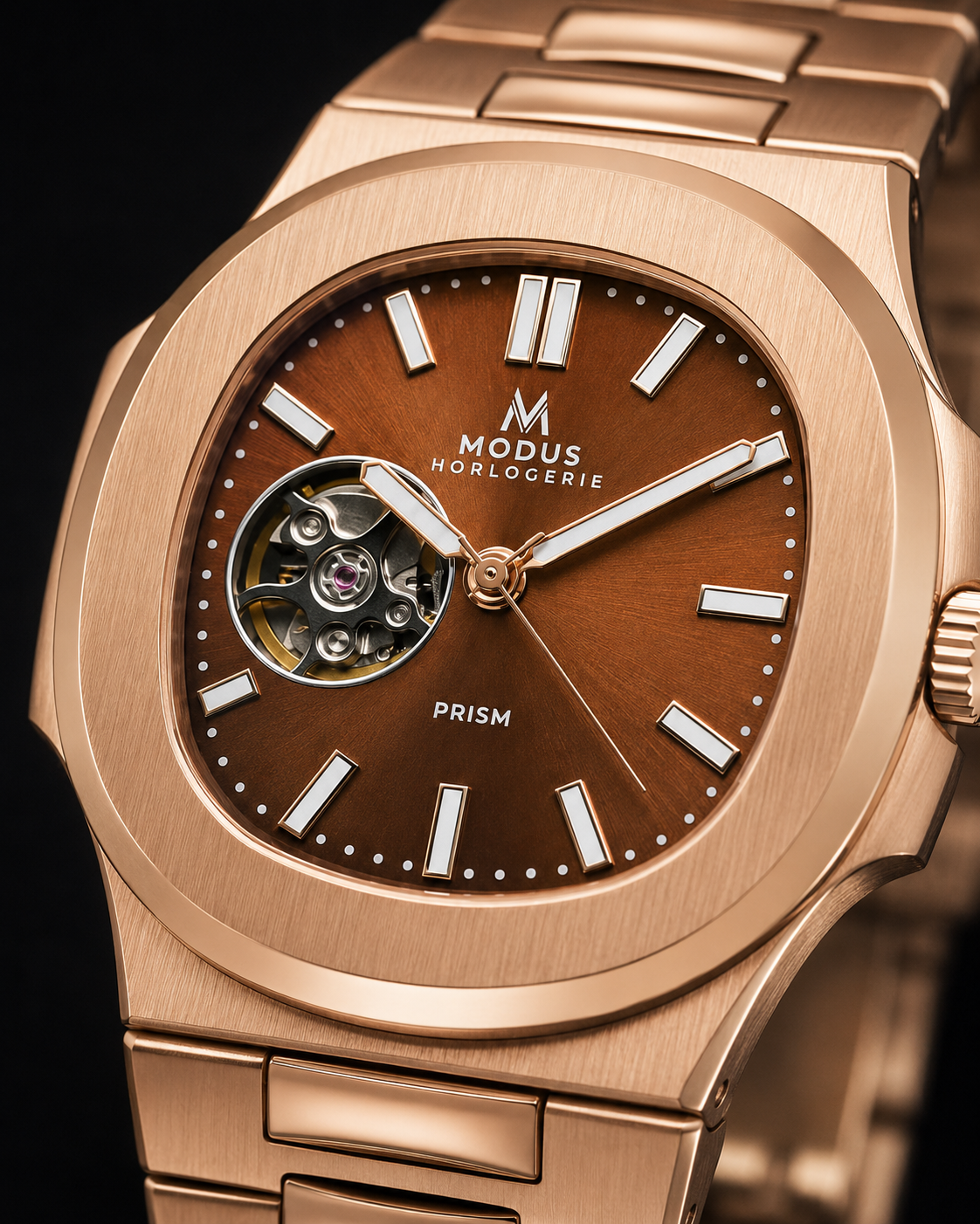 Montre Modus Prism or rose de face, cadran cuivré à cœur ouvert