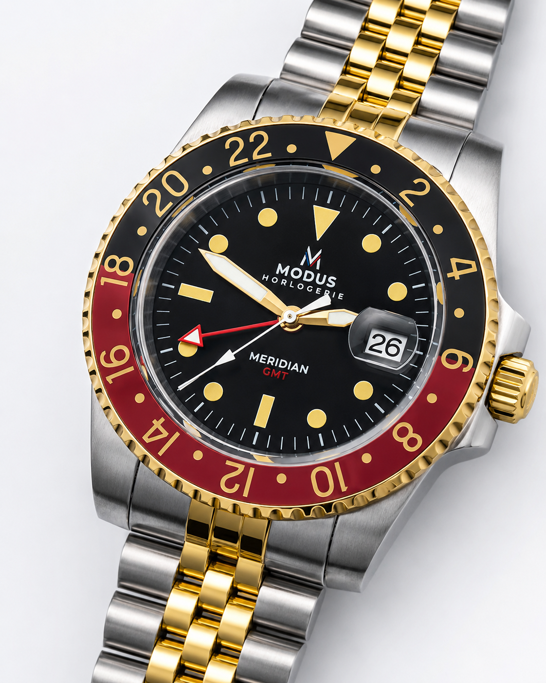 Meridian Braise, montre automatique GMT bicolore or, lunette noire et rouge — Modus Horlogerie