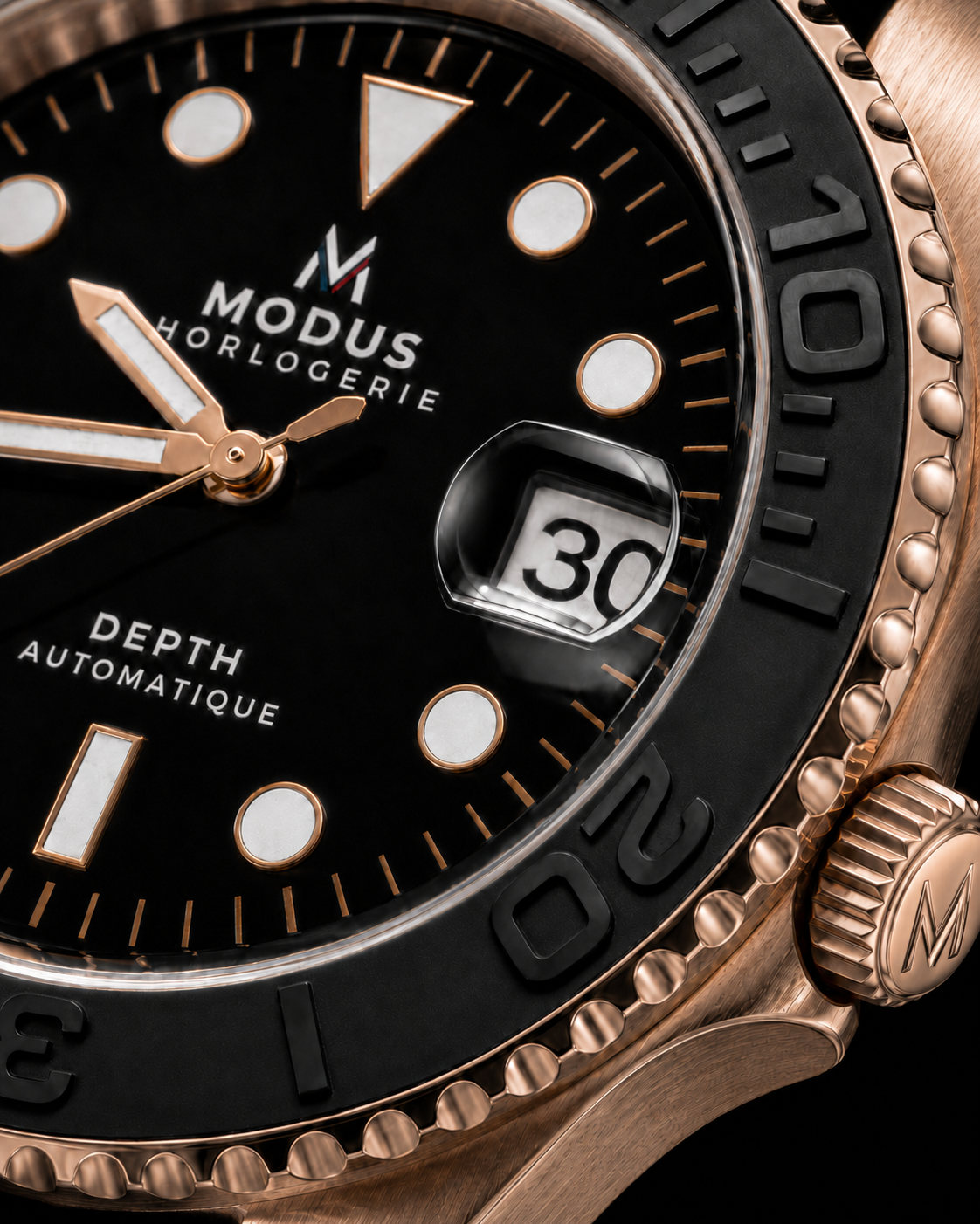 Depth Onyx, montre automatique de plongée or rose et noir, bracelet caoutchouc — Modus Horlogerie