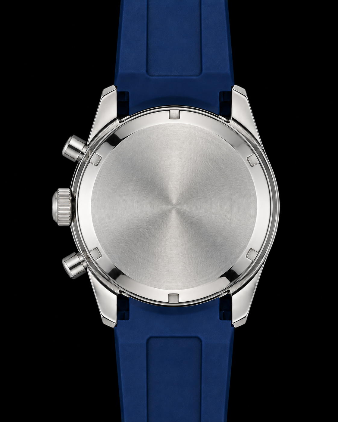 Fond de boîte acier brossé et bracelet caoutchouc bleu