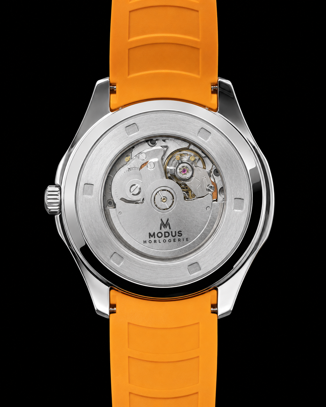 Fond de boîte transparent de l'Atlas Magma, masse oscillante gravée Modus Horlogerie