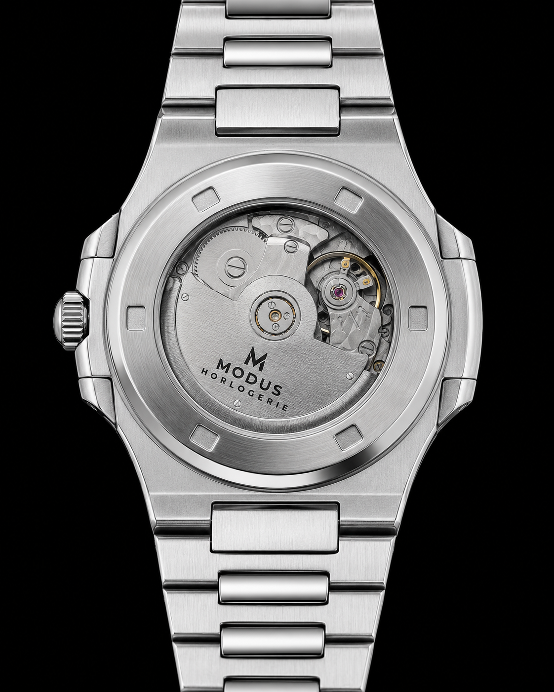 Fond de boîte transparent de la Prism Cobalt, masse oscillante gravée Modus Horlogerie