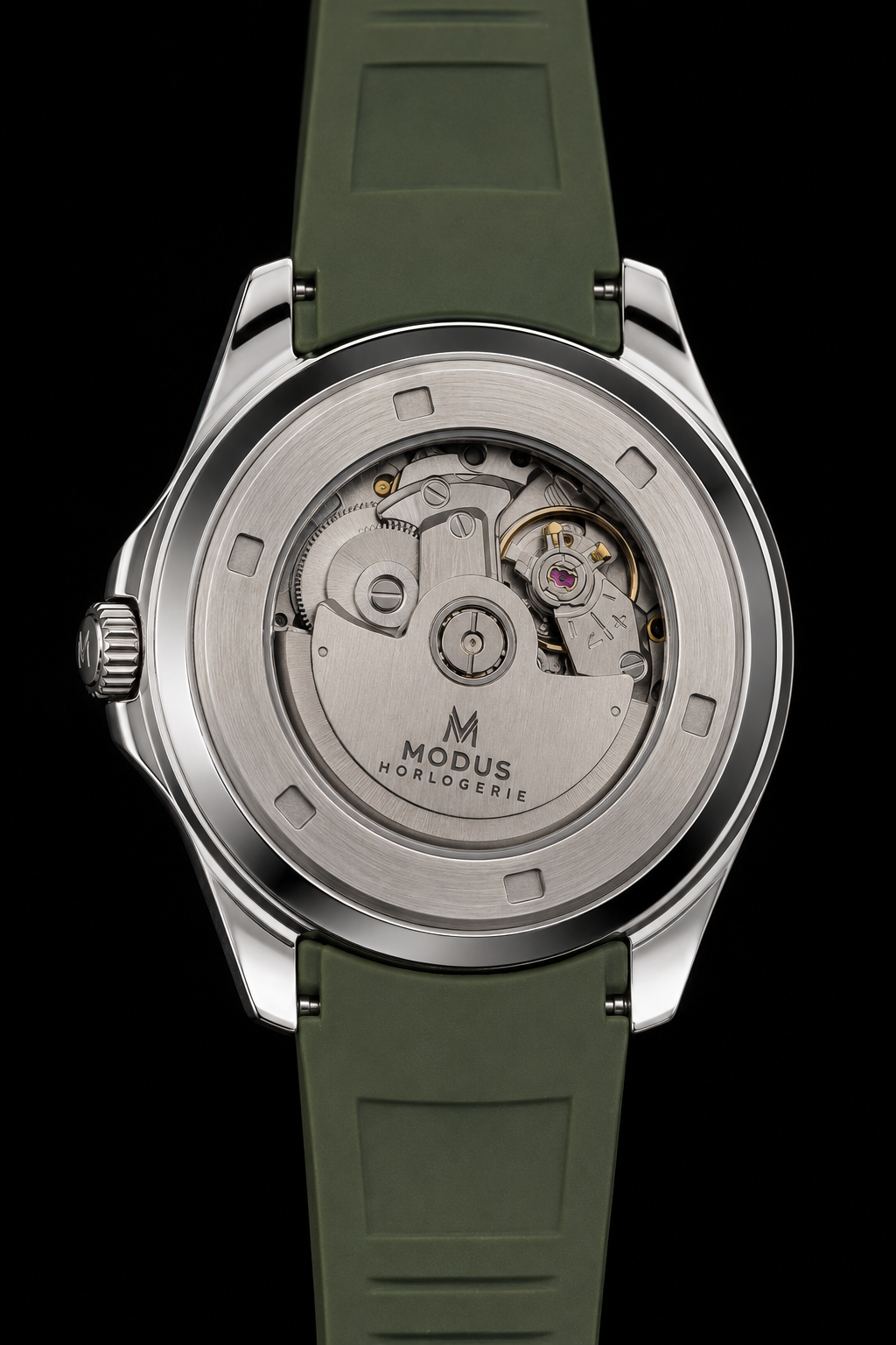 Fond de boîte transparent de l'Atlas Sylve, masse oscillante gravée Modus Horlogerie