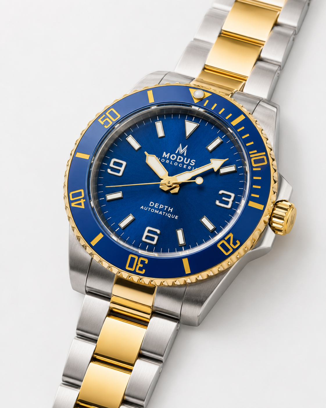 Depth Riviera, montre automatique de plongée bicolore acier et or, cadran bleu — Modus Horlogerie