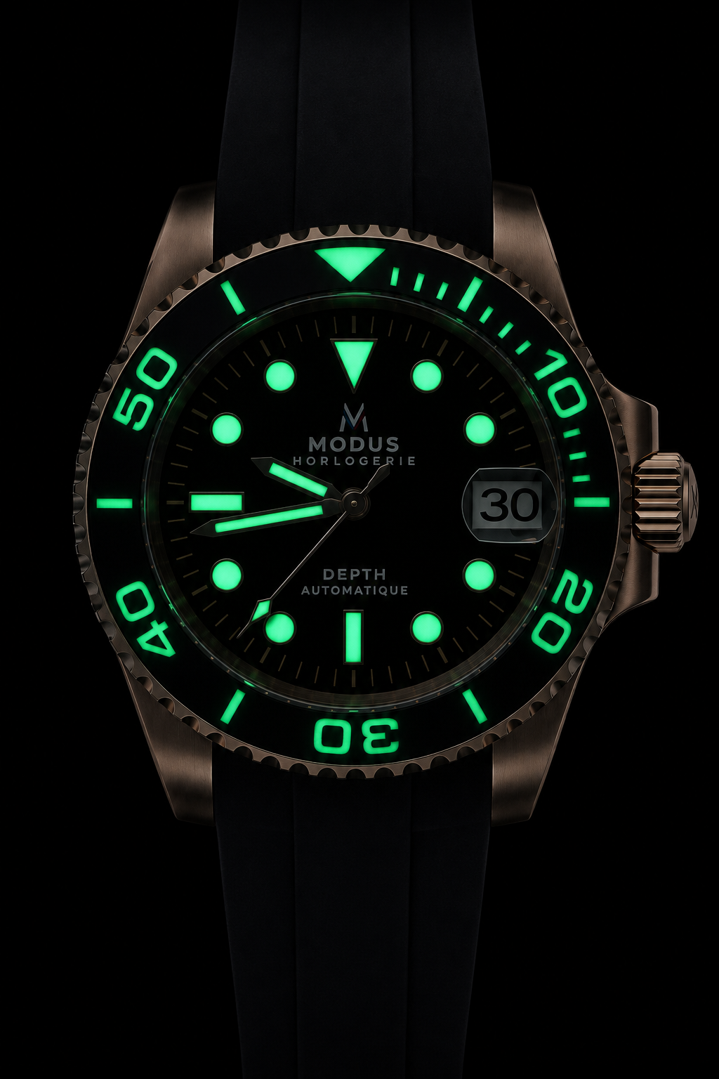 Depth Onyx, montre automatique de plongée or rose et noir, bracelet caoutchouc — Modus Horlogerie