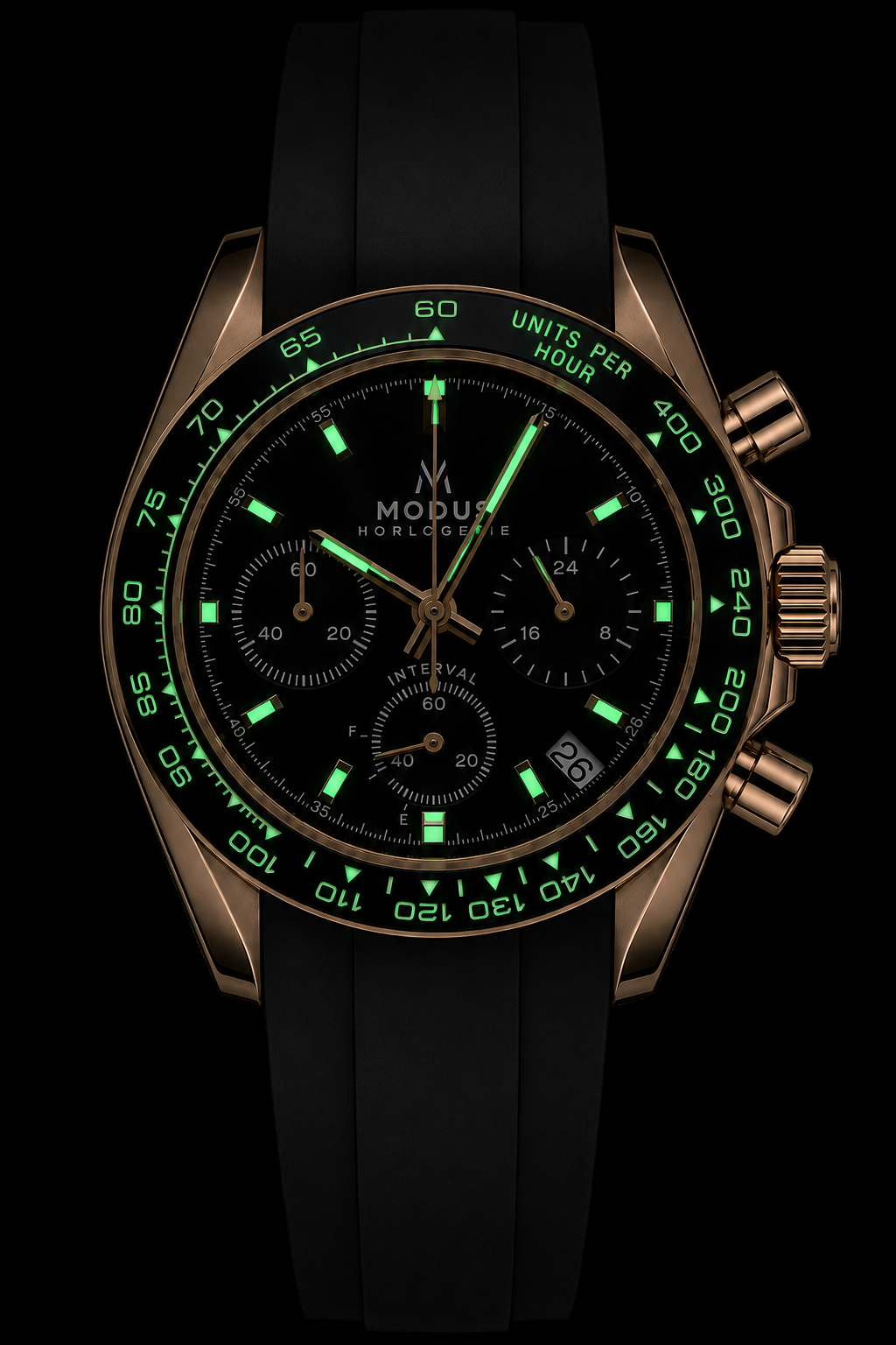 Interval Éclipse, chronographe automatique or rose à cadran noir, index et compteurs luminescents de nuit — Modus Horlogerie