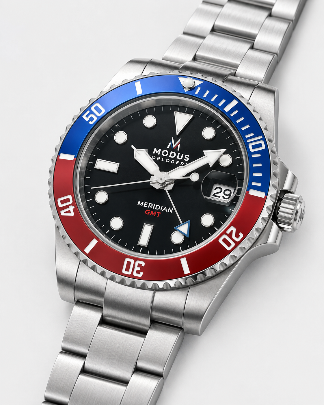 MERIDIAN-05 Méridien Bicolore GMT, lunette bleu et rouge, cadran noir — Modus Horlogerie